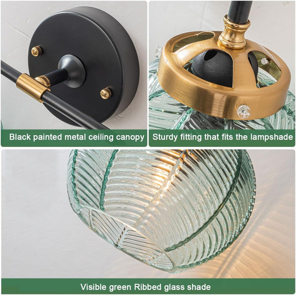 3-Light Bathroom Vanity Light Black Wall Mount Light with Green Glass Shade, Mid Century Wall Sconce Lights Modern Vanity Lamp for Over Mirror Bedroom Hallway