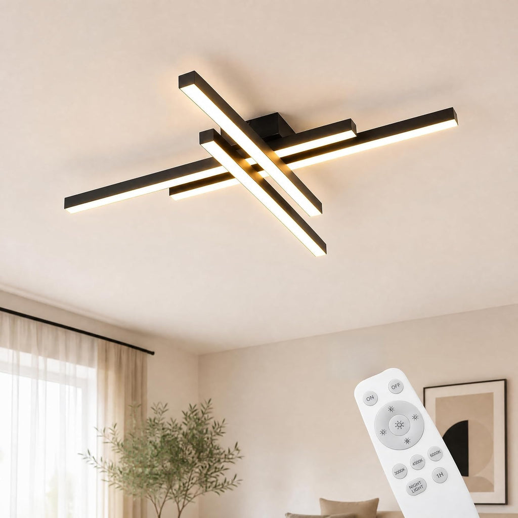 Modern LED Ceiling Lights 43.3' Black Flush Mount Ceiling Light Fixture Sputnik Dimmable Ceiling Lights with Remote Control for Bedroom Living Room Kitchen Room(4 Lights)