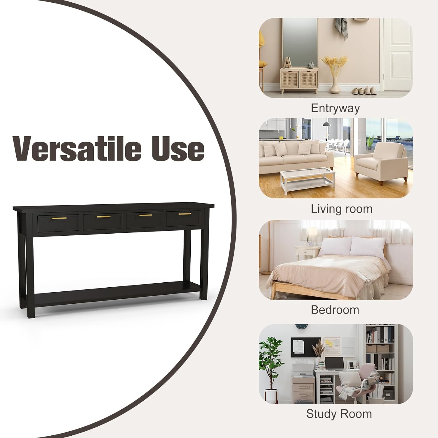kinbor Black Entryway Table 60 Inch - Long Console Table with 4 Drawers, Narrow Sofa Table with Storage Shelf for Entryway Living Room