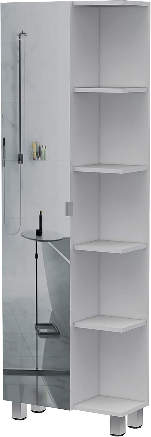 FM FURNITURE Los Angeles Mirror Linen Cabinet with 5 Open Shelves and 4 Inner Shelves, White