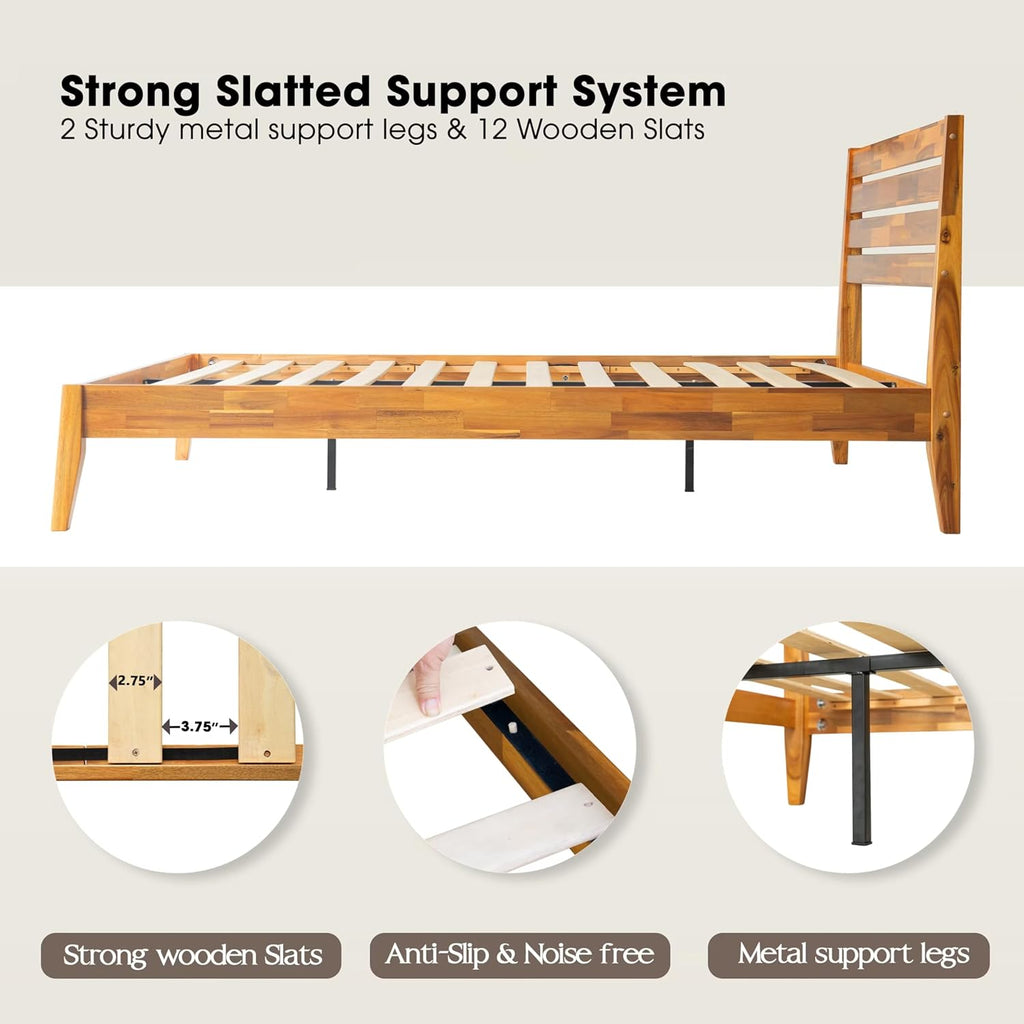 Full Size Platform Bed Frame with Solid Wood Headboard & Footboard, 12 Durable Slatted Base with Center Metal Legs, No Box Spring Needed, Anti-Noise & Slip-Free, Acacia Honey Finish. RKF-38