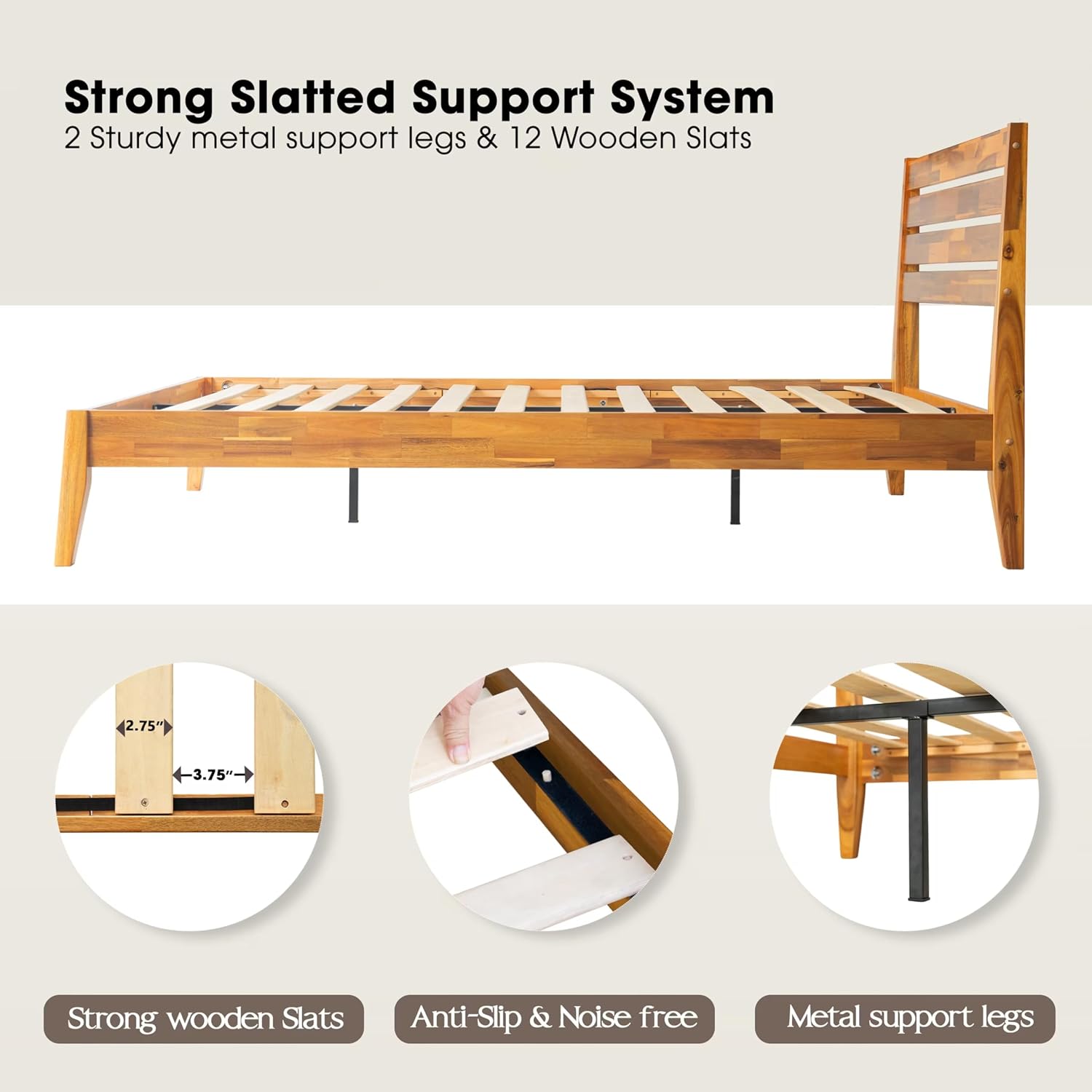 Full Size Platform Bed Frame with Solid Wood Headboard & Footboard, 12 Durable Slatted Base with Center Metal Legs, No Box Spring Needed, Anti-Noise & Slip-Free, Acacia Honey Finish. RKF-38