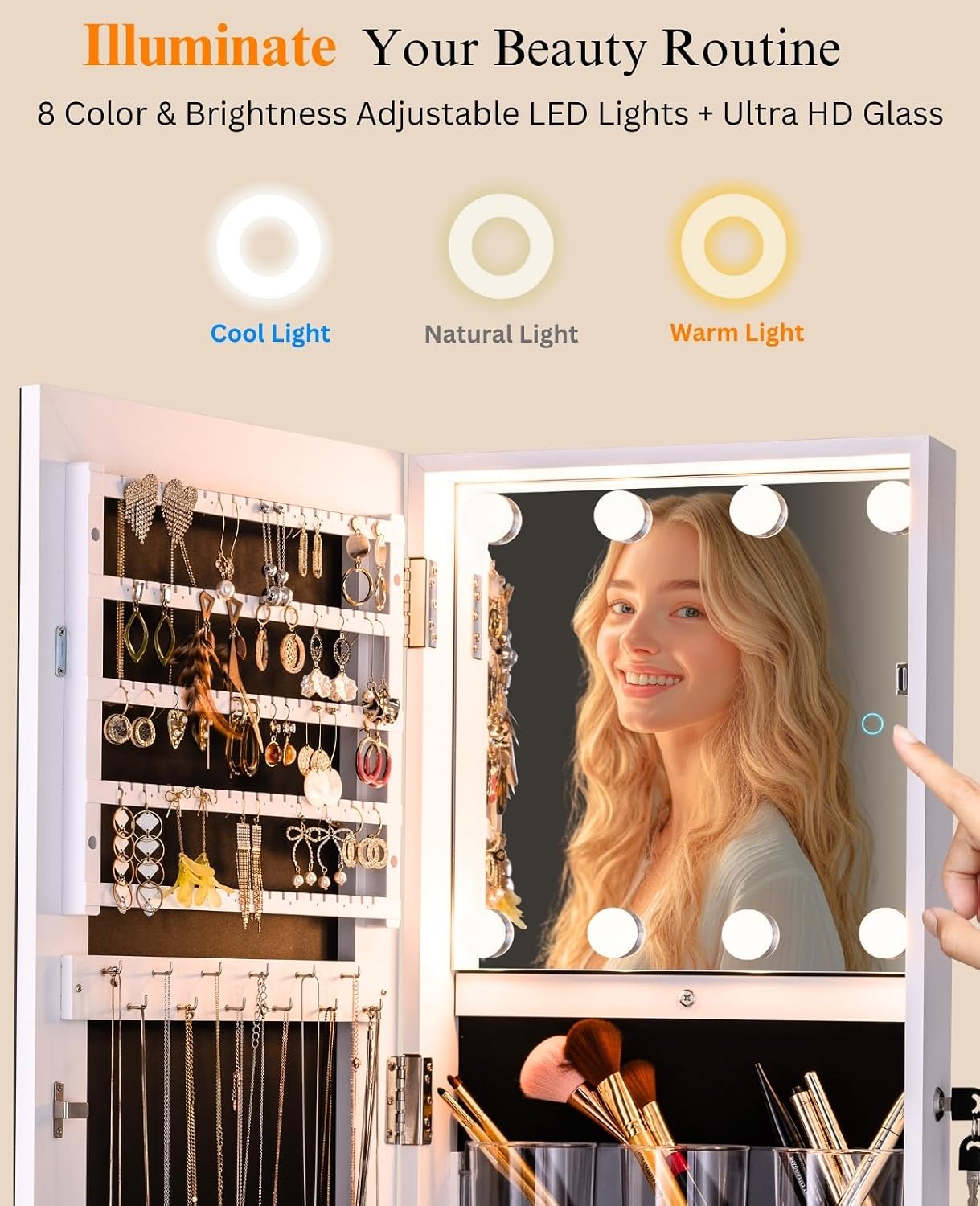 BTEXPERT 360 Swivel Jewelry Cabinet Armoire, Standing with Lights, Lockable Jewelry Organizer, 63' Rotating Full Length Frameless Mirror with Storage, 4 Wheels, White Lock Key