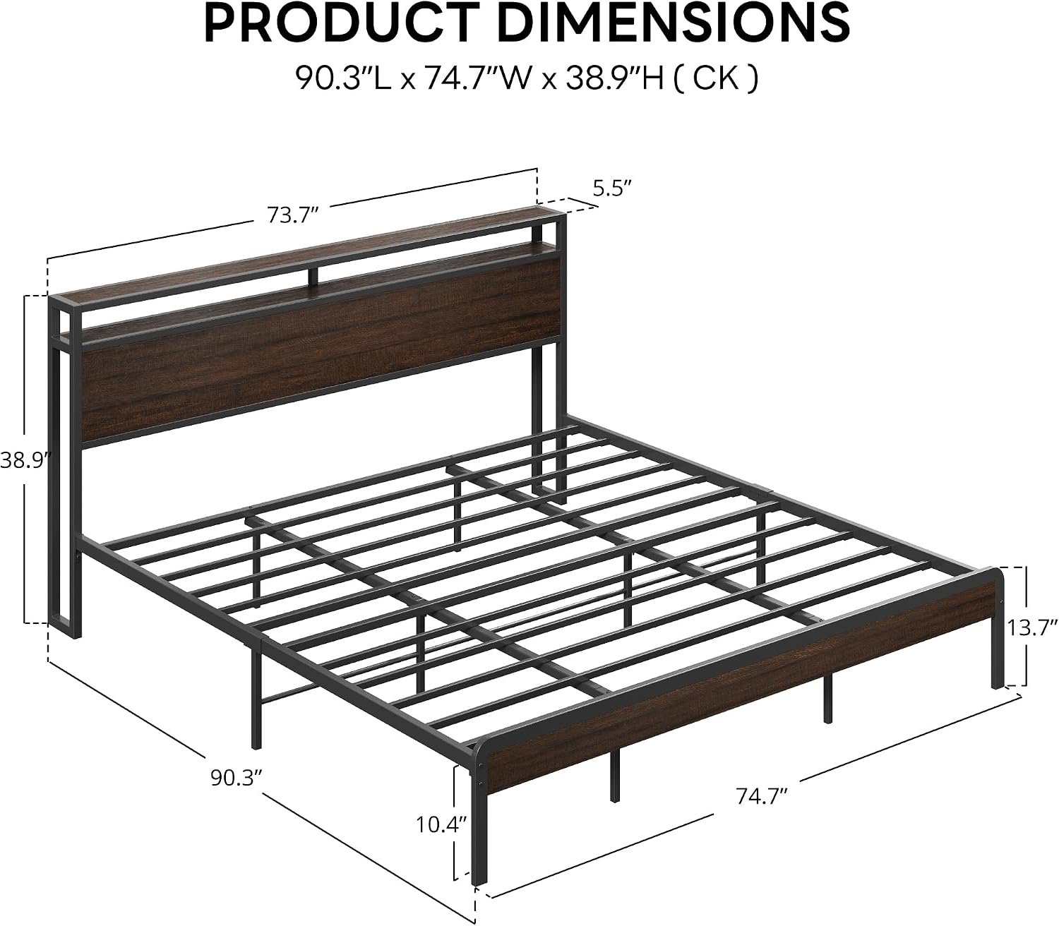LIKIMIO California King Bed Frame with Headboard, Dark Wood Camas California King with Strong Supports, Sturdy, Noise-Free, No Box Spring Needed, Dark Brown