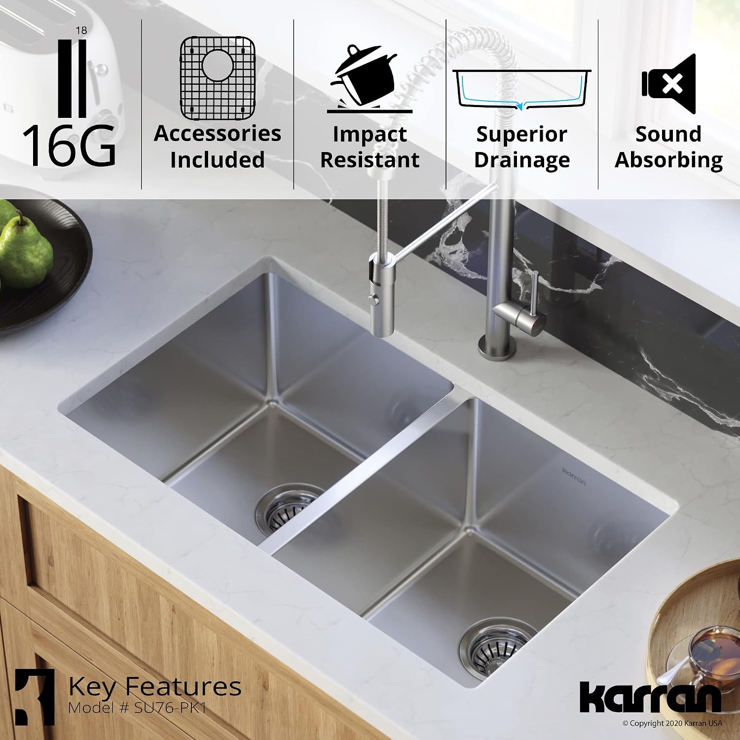 Karran 30' Undermount Double Bowl Kitchen Sink, 16-Gauge T304 Stainless Steel, 50/50 Equal Bowl, Brushed Satin Finish, Noise & Scratch Resistant with Grids and Strainers