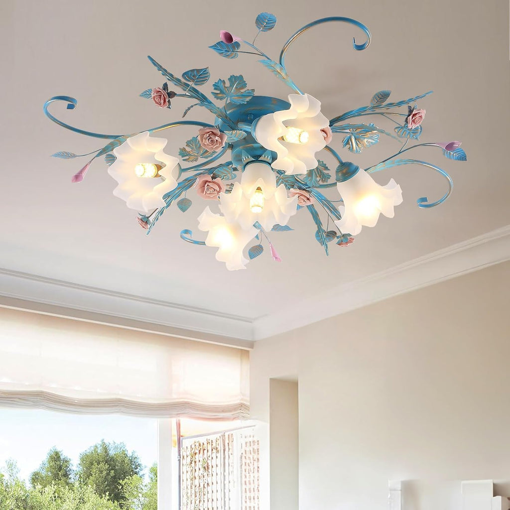 Flower Chandelier Ceiling Light,5-Light Pink Ceramic Rose Ceiling Lamp with Glass Lampshade,Flush Mount Ceiling Light Fixture for Living Room,Bedroom,Dinning Room,Hallway,Kitchen,Turquoise.