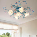 Flower Chandelier Ceiling Light,5-Light Pink Ceramic Rose Ceiling Lamp with Glass Lampshade,Flush Mount Ceiling Light Fixture for Living Room,Bedroom,Dinning Room,Hallway,Kitchen,Turquoise.