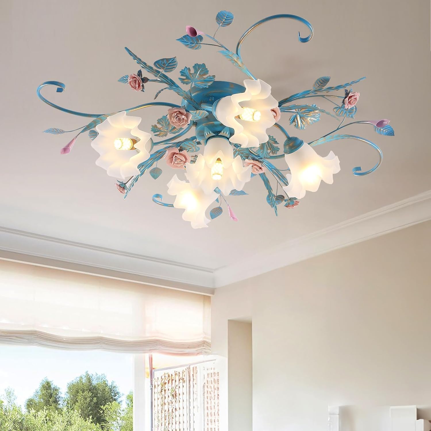 Flower Chandelier Ceiling Light,5-Light Pink Ceramic Rose Ceiling Lamp with Glass Lampshade,Flush Mount Ceiling Light Fixture for Living Room,Bedroom,Dinning Room,Hallway,Kitchen,Turquoise.