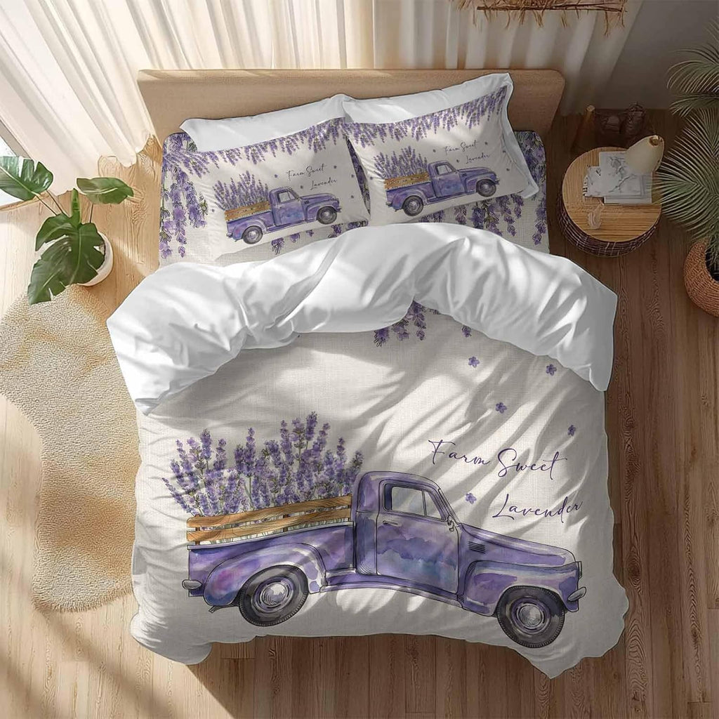 Purple Floral Duvet Cover Set Queen Size 4 Pieces Farm Sweet Lavender Truck Rustic Linen Texture Bedding Set with Zipper Closure, 1 Comforter Cover 92x106 Inches 1 Flat Sheet & 2 Pillow Cases