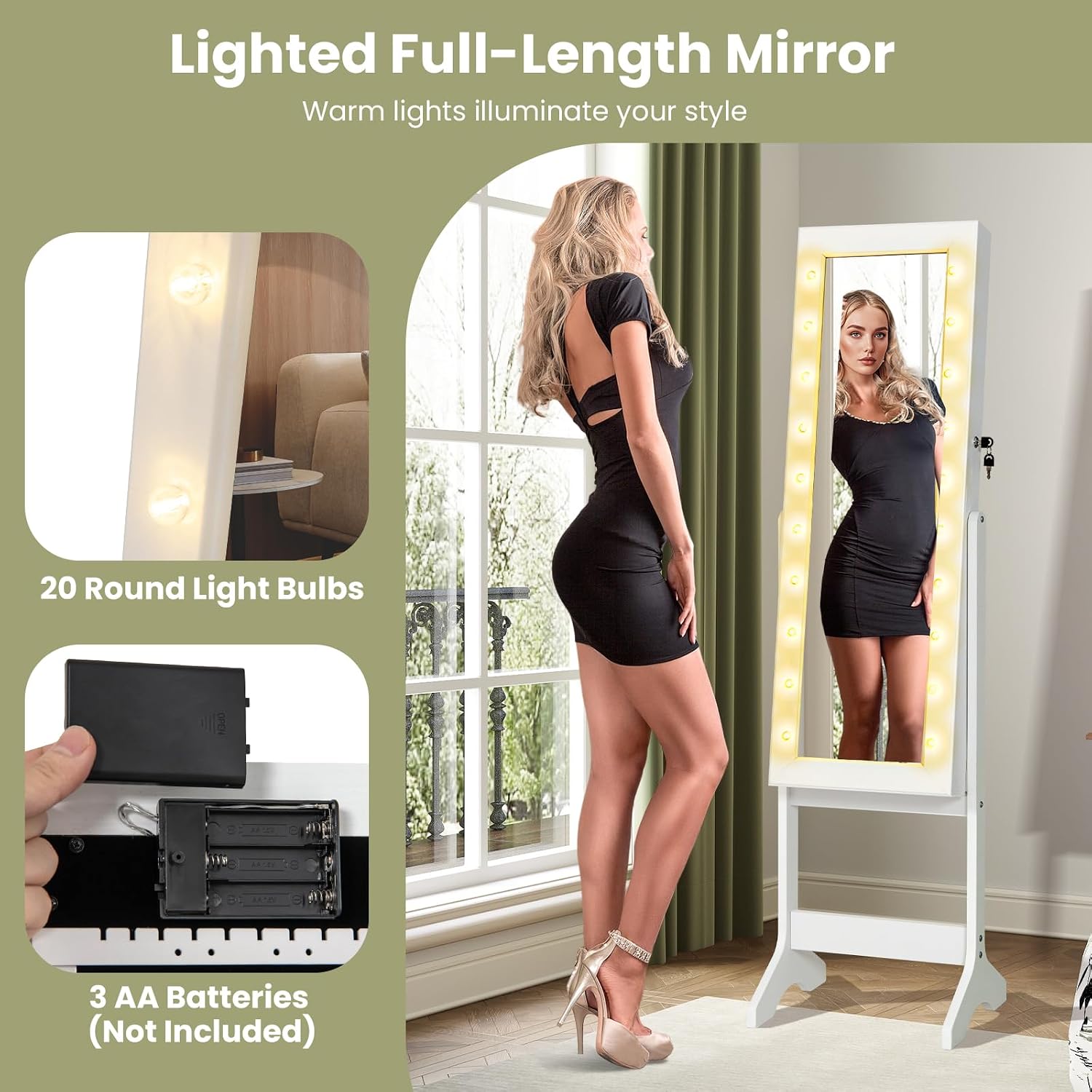 Giantex Standing Jewelry Armoire with Lighted Full Length Mirror, Lockable Jewelry Cabinet Organizer with 20 LED Lights, Adjustable Tilt, Large Storage for Earrings, Rings, Necklaces, White