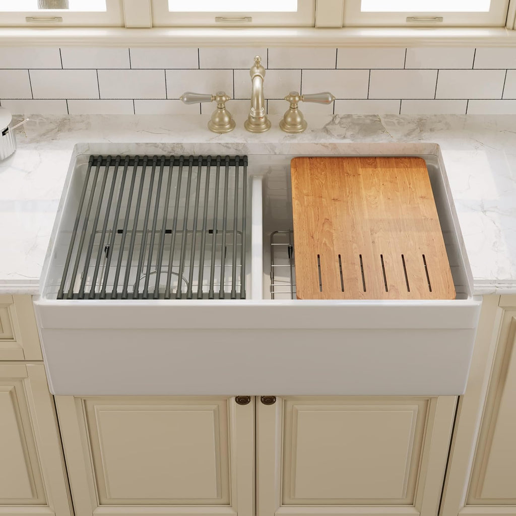 DeerValley 33 inch Workstation Kitchen Sink, White Fireclay Farmhouse Sink, Double Bowl Apron Front Deep Drop-in Undermount Sink with Workstation Accessories