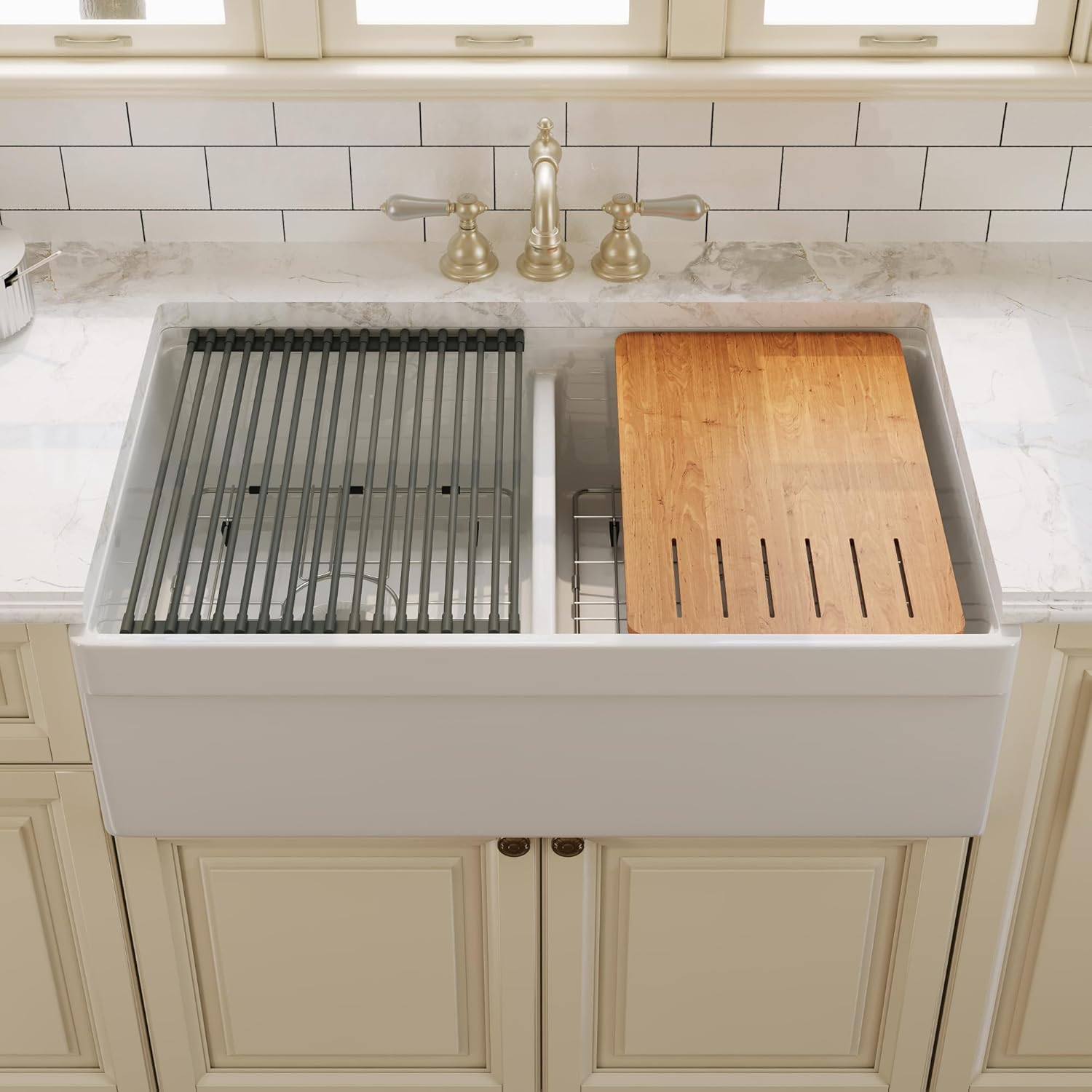DeerValley 33 inch Workstation Kitchen Sink, White Fireclay Farmhouse Sink, Double Bowl Apron Front Deep Drop-in Undermount Sink with Workstation Accessories