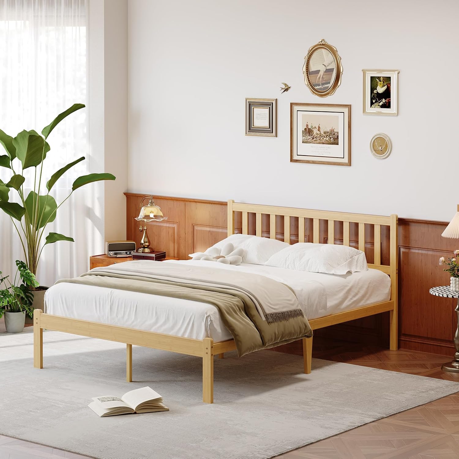 14 in High Solid Bamboo Wood Platform Queen Bed Frame with Headboard, Bed Frame Queen Size, Heavy Duty, No Box Spring Needed, Nosie Free