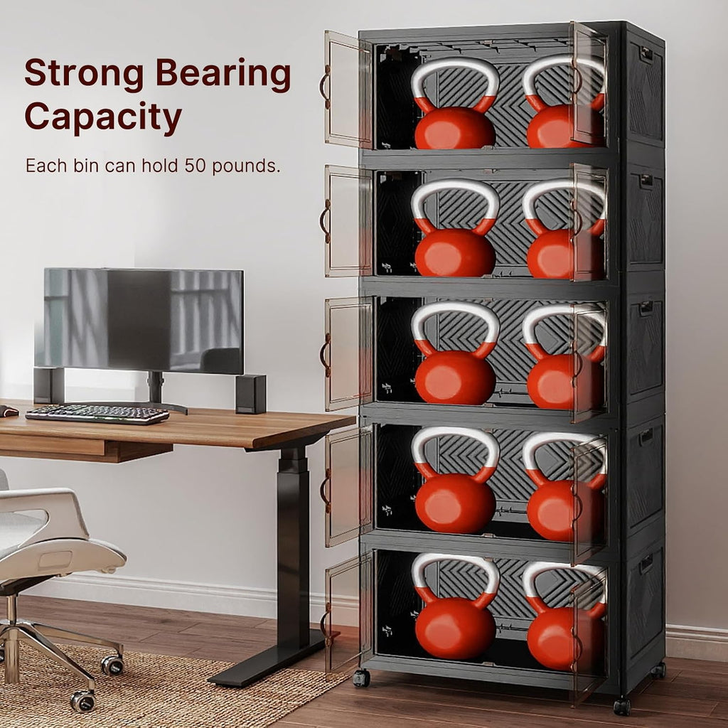 UAMFURI Stackable Storage Bins with Lids & Wheels & Door, Foldable Collapsible Closet Organizers, Extra Large Plastic Storage Drawers for Bedroom Dorm Office Garage (Dark-112QT, 5Pack with 1 top lid)