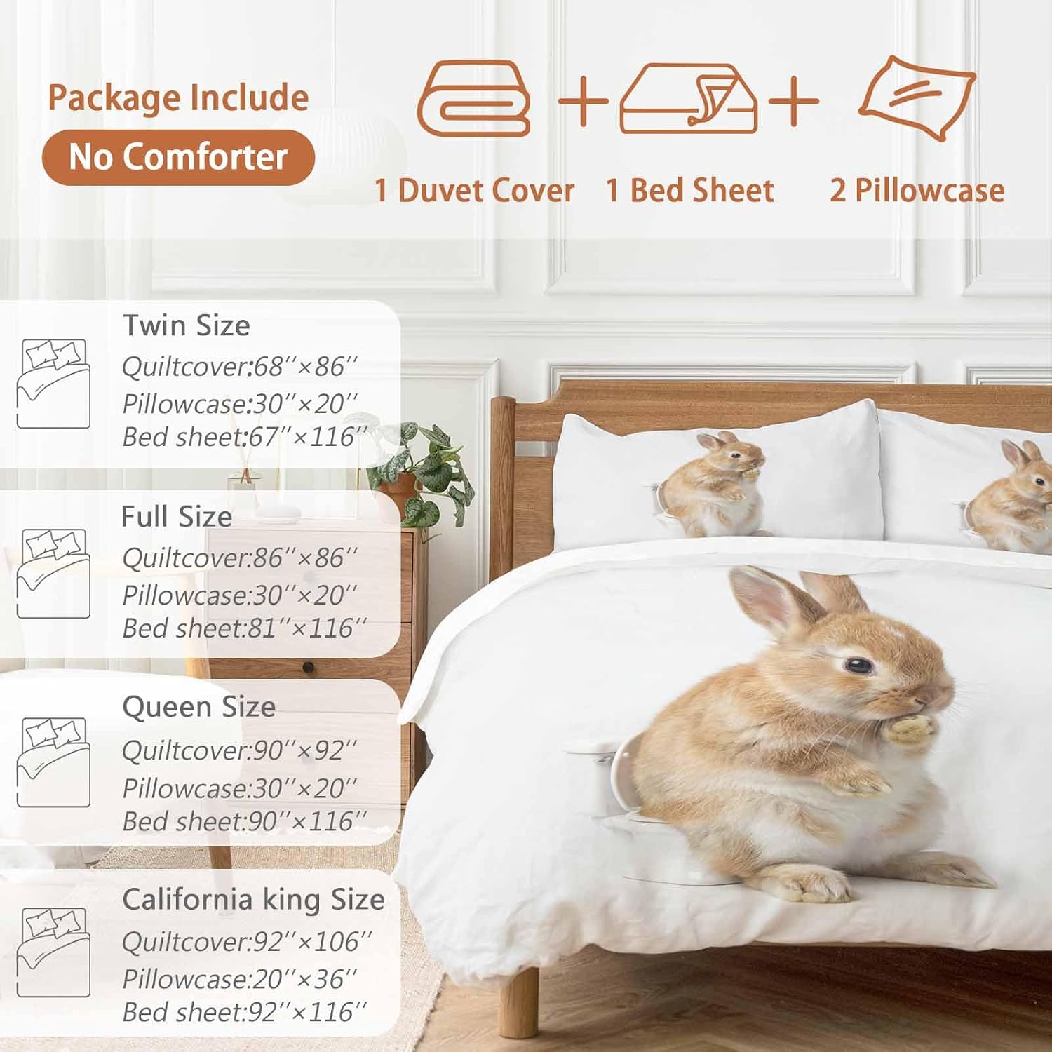 Rabbit Sitting on The Toilet Thinking Duvet Cover Set Queen Size 4 Pieces Abstract Funny Animal Bedding Set with Zipper Closure, 1 Comforter Cover 92x106 Inches 1 Flat Sheet & 2 Pillow Cases