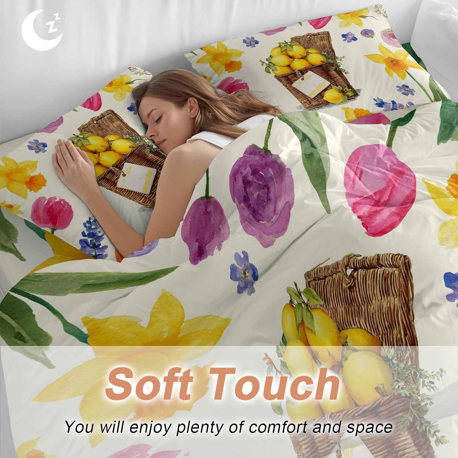 Spring Floral Duvet Cover Set Queen Size 4 Pieces Watercolor Lemon Oil Painting Flowers Farmhouse Bedding Set with Zipper Closure, 1 Comforter Cover 90x92 Inches 1 Flat Sheet & 2 Pillow Cases