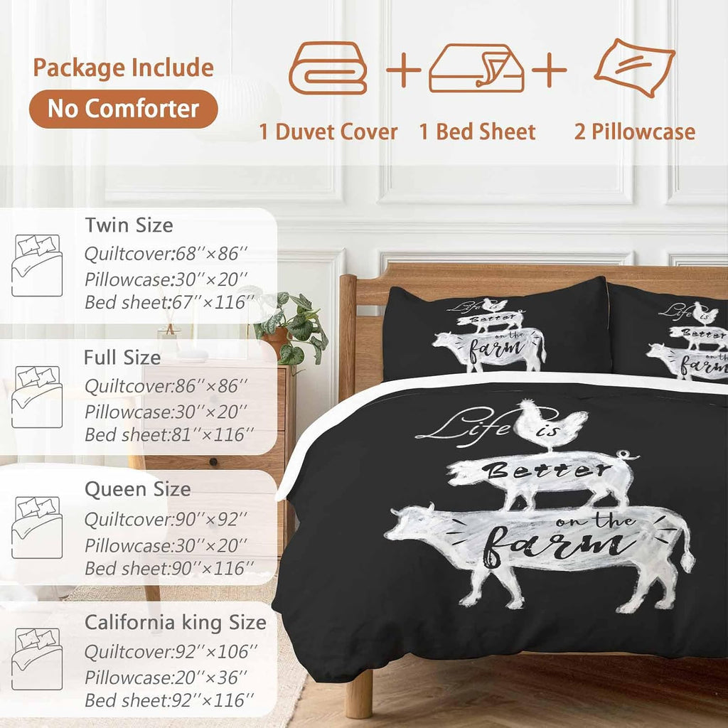 Prime Leader Retro Farm Duvet Cover Set Queen Size 4 Pieces Chicken Pig Cow Farmhouse Animal Black White Bedding Set with Zipper Closure, 1 Comforter Cover 92x106 Inches 1 Flat Sheet & 2 Pillow Cases