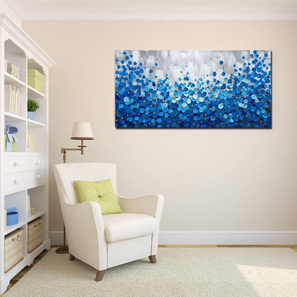 MyArton Large Textured Blue Flowers Canvas Wall Art Hand Painted Modern Decoration Oil Painting Picture Framed Ready to Hang 60x30inch
