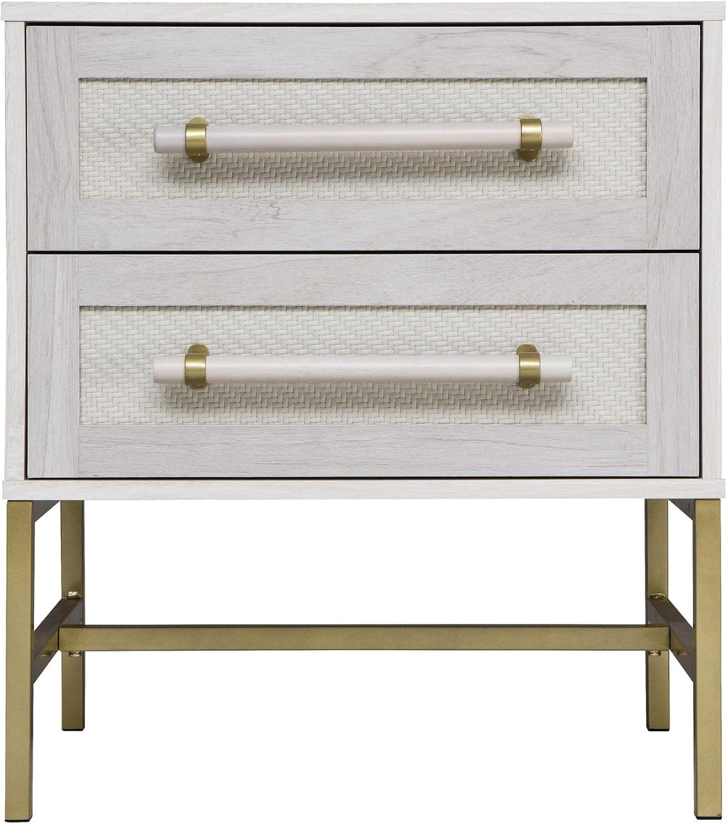 Sophia 2-Drawer Nightstand in Sand Finish with Rattan Fronts, Elegant Gold-Tone Bar Pulls, and Slim Metallic Legs- Ideal Bedroom Furniture for Boho, Transitional, and Modern Interiors