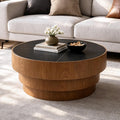 Black Round Coffee Table, 31.5' Round Coffee Table with Sintered Stone Tabletop and MDF with Wood Veneer Tiered Base, Modern Low Profile Circle Cocktail Tea Table for Living Room