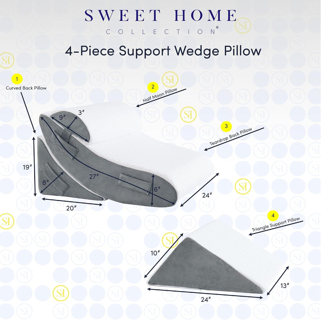 Orthopedic Wedge Pillow Set for Leg, Back, & Knee Support - CertiPUR Memory Foam Wedge Pillows with Washable Covers for Post Surgery & Pain Relief - Adjustable Bed & Body Positioning Cushions, 4 Piece