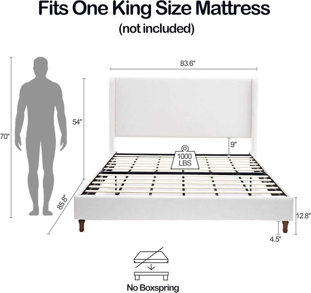King Bed Frame with 54' High Headboard, Canvas Upholstered Platform Bed, Wingback Headboard, Solid Walnut Legs, Load Capacity 1000lbs, Simple Elegance.Ivory