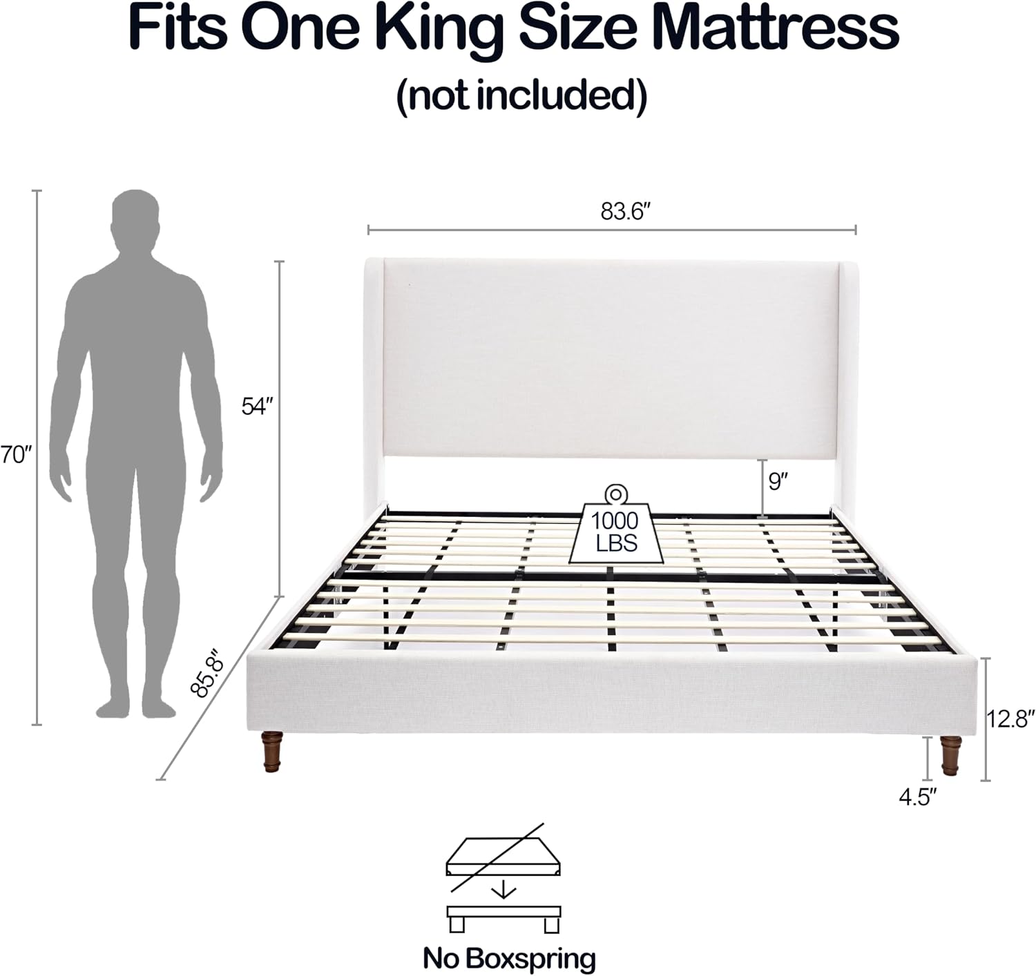 King Bed Frame with 54' High Headboard, Canvas Upholstered Platform Bed, Wingback Headboard, Solid Walnut Legs, Load Capacity 1000lbs, Simple Elegance.Ivory