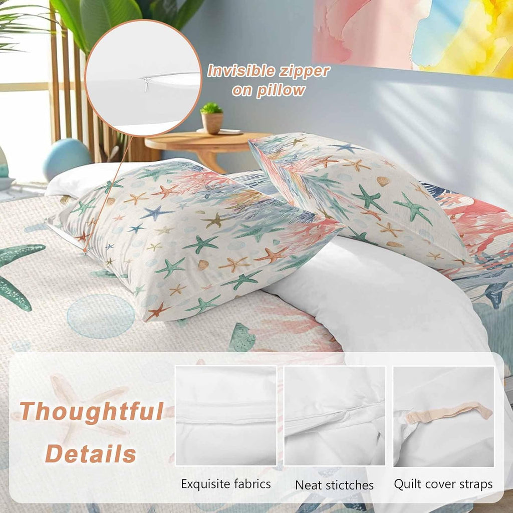 Oceans Animal Duvet Cover Set Queen Size 4 Pieces Summer Colorful Starfish Coral Seagrass Linen Texture Bedding Set with Zipper Closure, 1 Comforter Cover 92x106 Inches 1 Flat Sheet & 2 Pillow Cases