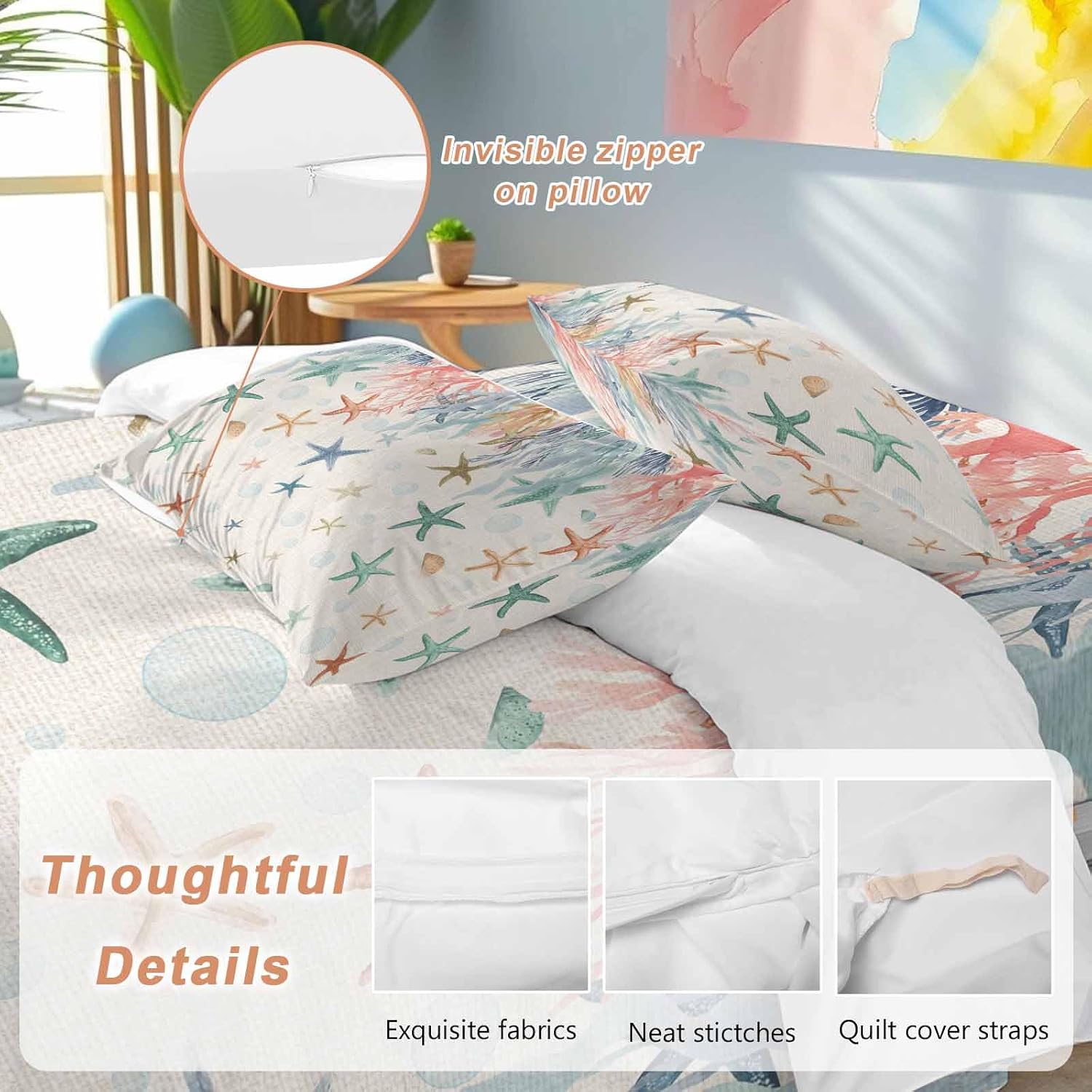 Oceans Animal Duvet Cover Set Queen Size 4 Pieces Summer Colorful Starfish Coral Seagrass Linen Texture Bedding Set with Zipper Closure, 1 Comforter Cover 92x106 Inches 1 Flat Sheet & 2 Pillow Cases