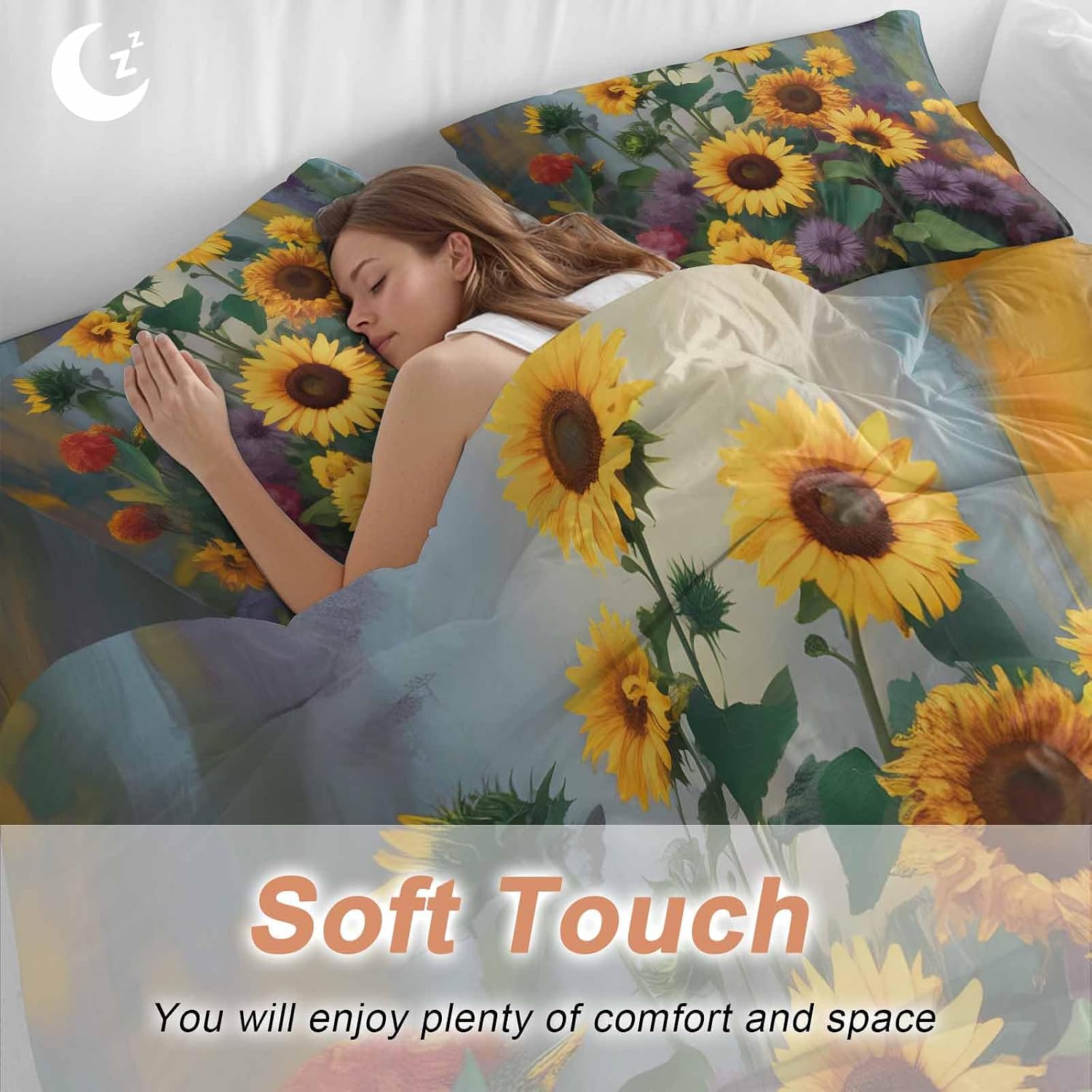 Spring Florals Duvet Cover Set Queen Size 4 Pieces Watercolor Sunflowers Country Green Leaves Bedding Set with Zipper Closure, 1 Comforter Cover 92x106 Inches 1 Flat Sheet & 2 Pillow Cases