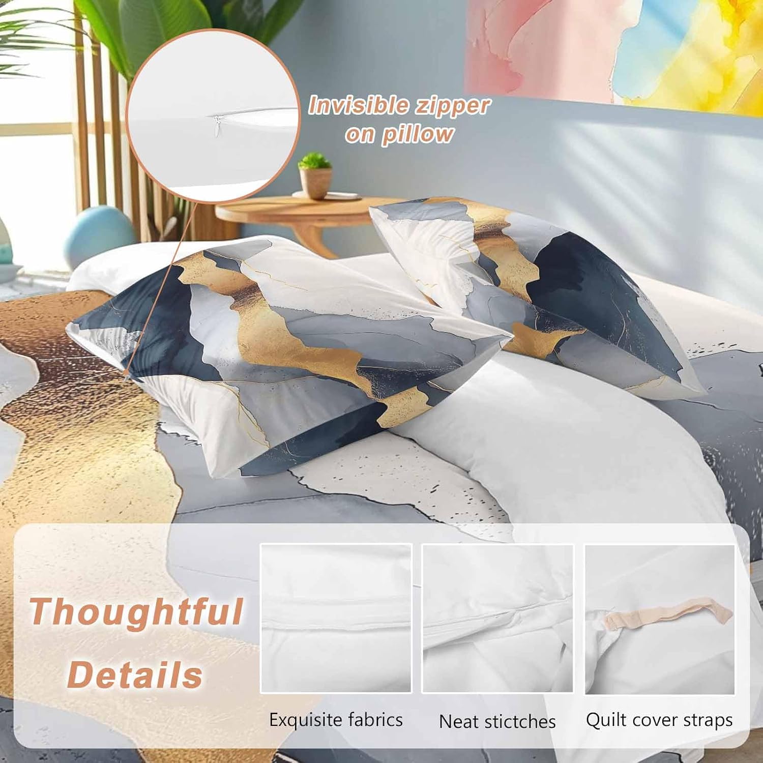 Prime Leader Abstract Duvet Cover Set Queen Size 4 Pieces Modern Gold Blue Grey Geometric Minimalist Bedding Set with Zipper Closure, 1 Comforter Cover 86x86 Inches 1 Flat Sheet & 2 Pillow Cases