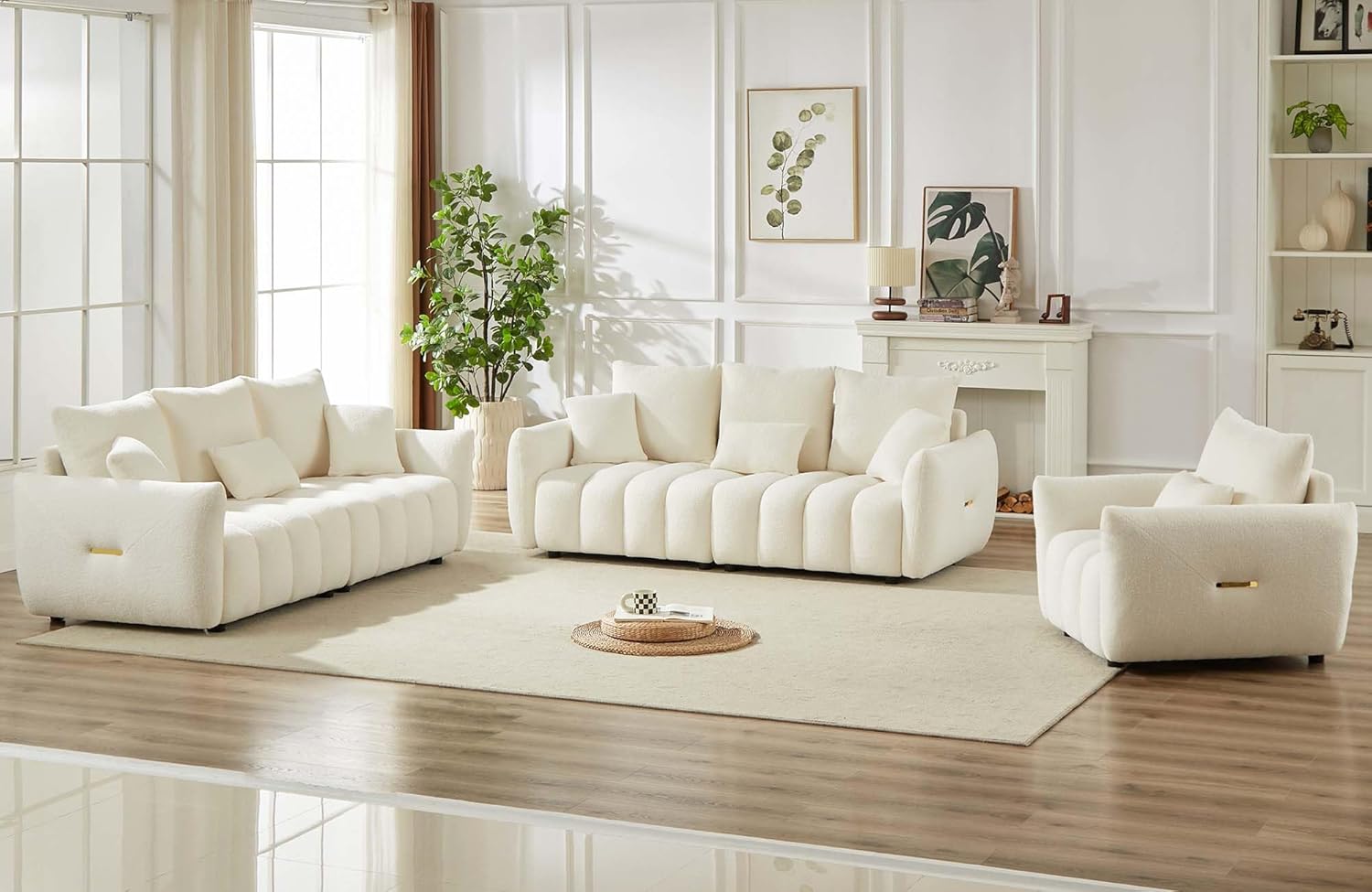 Antetek Teddy Sofa Set for Living Room, Modern Deep Seat Sofa Chair and Oversized 3-Seater Cloud Boucle Couch for Bedroom, Office, Apartment, Furniture Set, Beige (2 Piece)