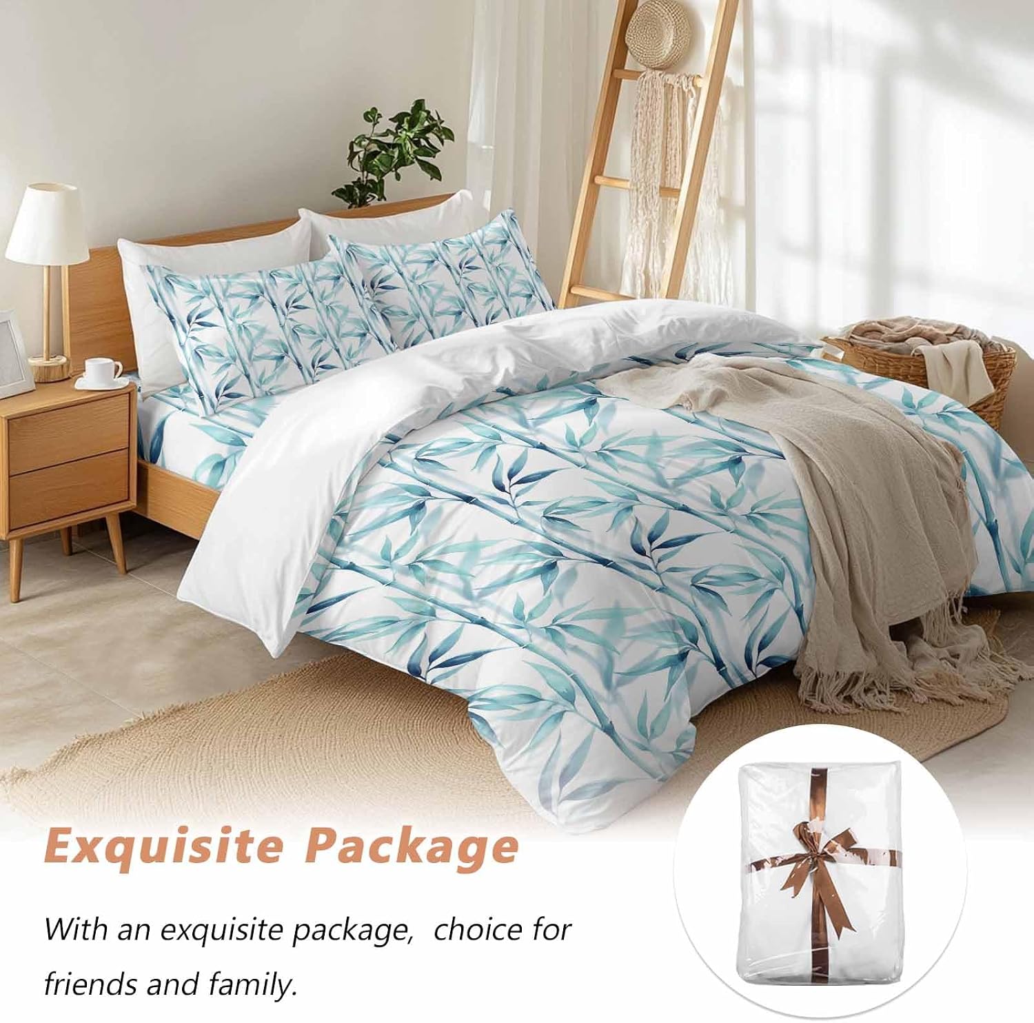 Prime Leader Blue Leaves Duvet Cover Set Queen Size 4 Pieces Minimalist Natural Style Ink Painting Modern Bedding Set with Zipper Closure, 1 Comforter Cover 86x86 Inches 1 Flat Sheet & 2 Pillow Cases