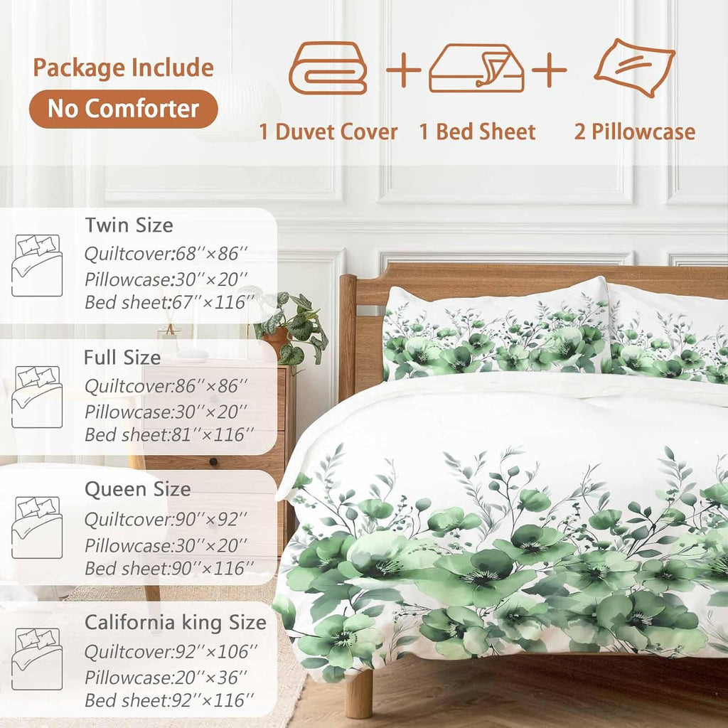 Prime Leader Spring Floral Duvet Cover Set Queen Size 4 Pieces Watercolor Green Flower Plants Country Bedding Set with Zipper Closure, 1 Comforter Cover 90x92 Inches 1 Flat Sheet & 2 Pillow Cases