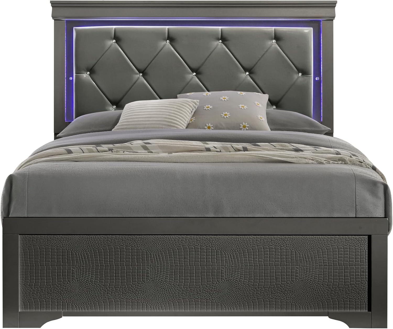 GOWE Blaze Upholstered Modern Style 5 Pc Full Bedroom Set with LED Headboard Made with Wood in Metallic Gray(CA Warehouse)