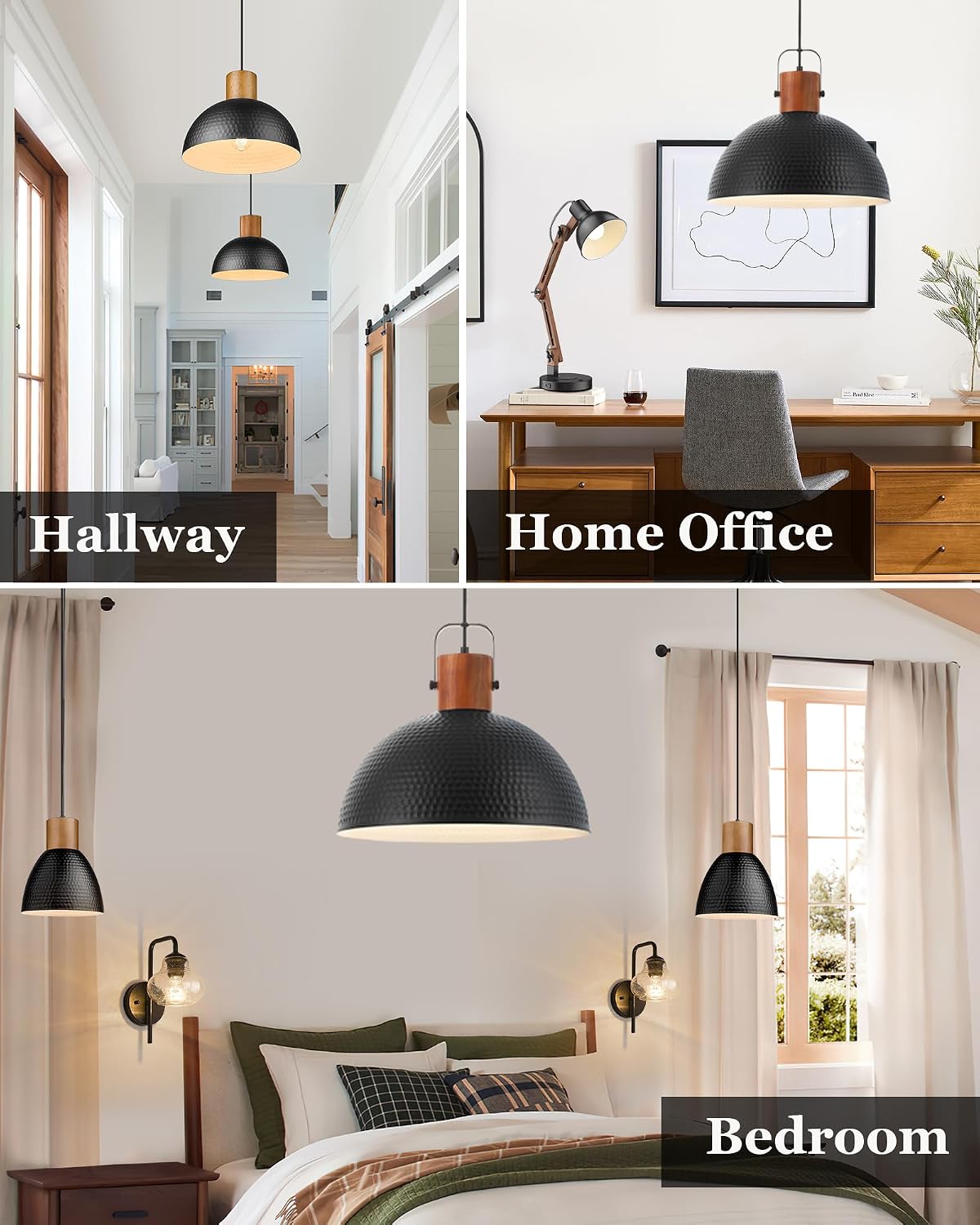 ELYONA 2 Pack Large Ash Wood Hammered Pendant Light Fixtures 16 Inch Metal Dome Ceiling Hanging Lamp, Industrial Kitchen Island Pendant Lighting for Farmhouse, Dining Room,Living Room, Black