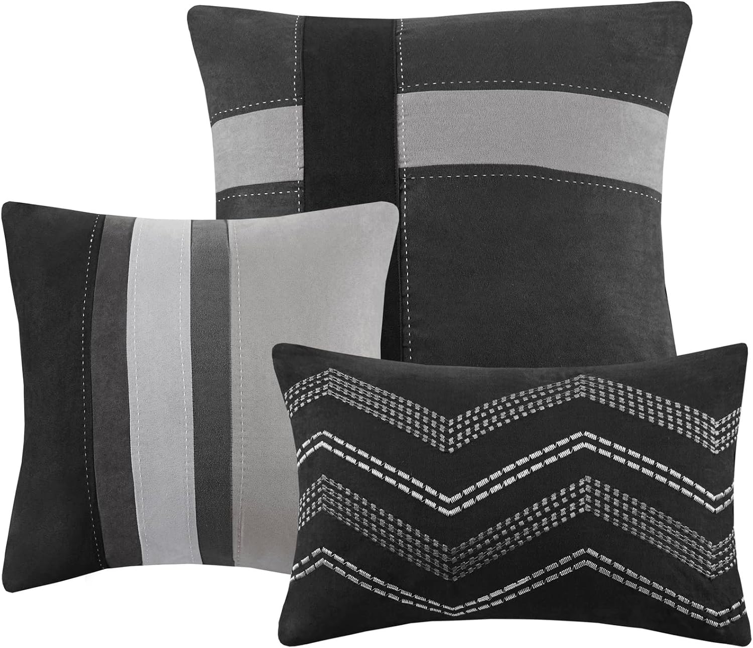Madison Park Palisades Comforter Set Modern Faux Suede Pieced Stripe Design, All Season Down Alternative Cozy Bedding with Matching Shams, Decorative Pillows, Queen(90'x90'), Black 7 Piece