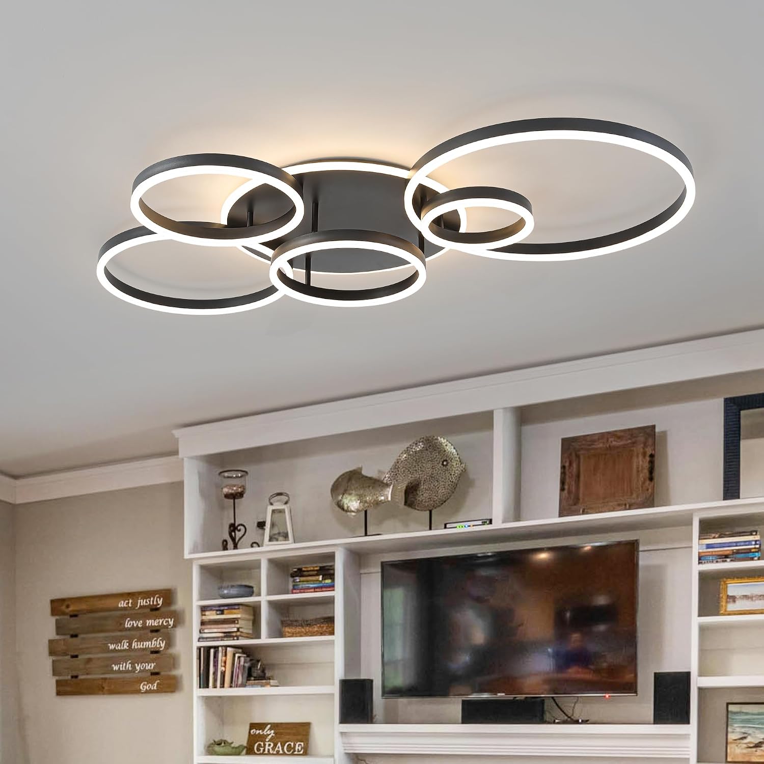 O'NEELDY Black Flush Mount Ceiling Light Dimmable Dining Room Light Fixture Round 6 Rings Modern LED Ceiling Light with Remote Control 47' Kitchen Lighting Fixture Ceiling Lamp for Living Room,Bedroom