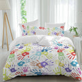 Colorful Cartoon Handprint Duvet Cover Set Queen Size 4 Pieces Cute Watercolor Red Green Blue Graffiti Bedding Set with Zipper Closure, 1 Comforter Cover 90x92 Inches 1 Flat Sheet & 2 Pillow Cases
