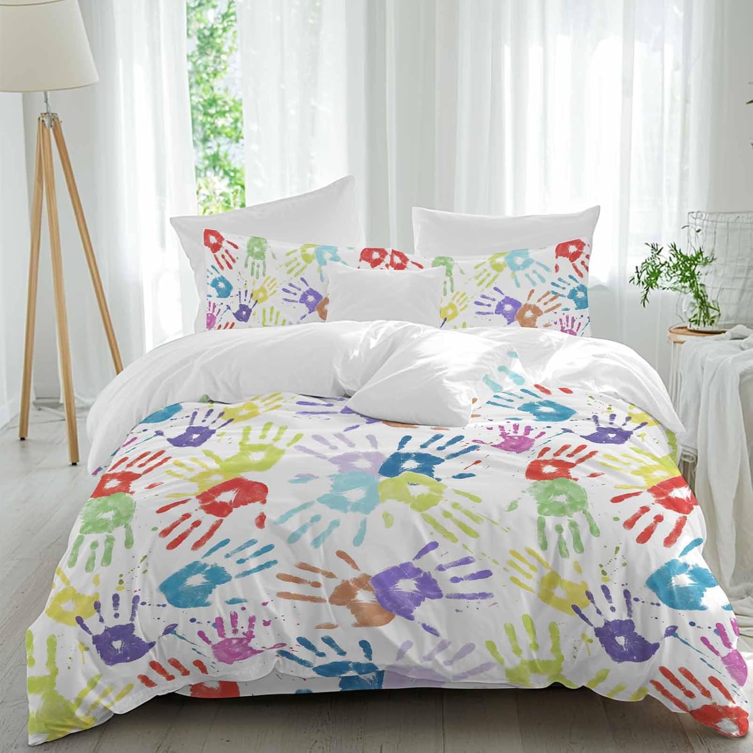 Colorful Cartoon Handprint Duvet Cover Set Queen Size 4 Pieces Cute Watercolor Red Green Blue Graffiti Bedding Set with Zipper Closure, 1 Comforter Cover 90x92 Inches 1 Flat Sheet & 2 Pillow Cases
