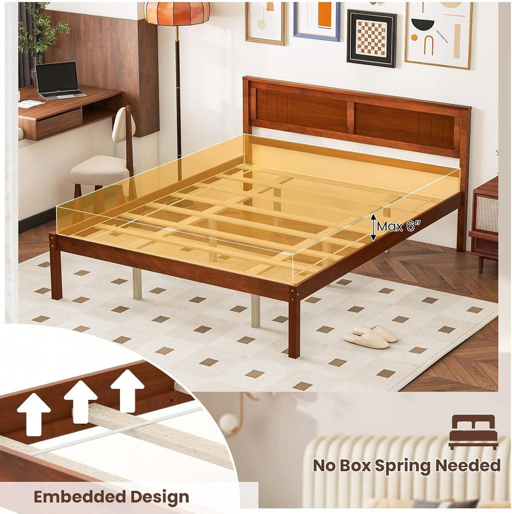 Giantex Queen Wood Platform Bed Frame with Headboard, Mid Century Queen Bed Frame with Wood Slat Support, Solid Wood Foundation with 16' Under Bed Storage, No Box Spring Needed, Easy Assembly