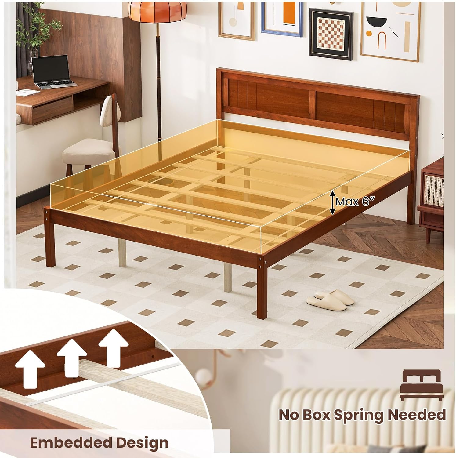 Giantex Queen Wood Platform Bed Frame with Headboard, Mid Century Queen Bed Frame with Wood Slat Support, Solid Wood Foundation with 16' Under Bed Storage, No Box Spring Needed, Easy Assembly