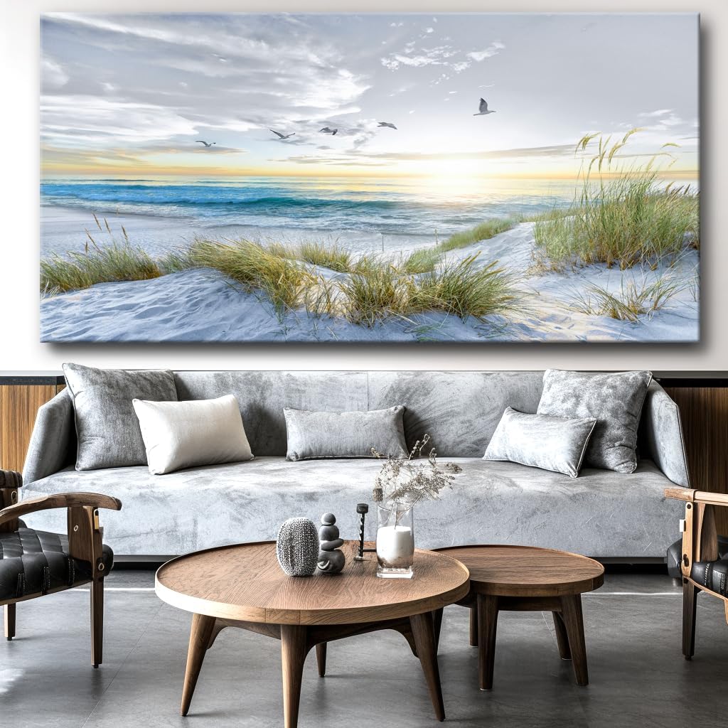 Canvas Prints Wall Art Beach Sunrise Ocean Waves Beach Grass Nature Pictures Stretched Canvas for living Room Bedroom and Office Home Decor 71'x36' with Framed