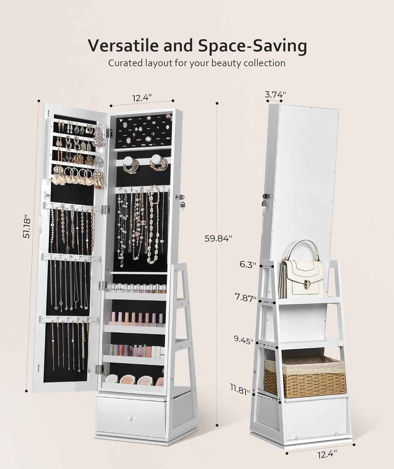 Nicetree 360°Swivel Jewelry Cabinet,Rotatable Full Length Mirror with Jewelry Storage,Standing Jewelry Armoire Organizer, Lockable Jewelry Organizer with 3 Rear Shelves,Bottom Drawer,Pure White
