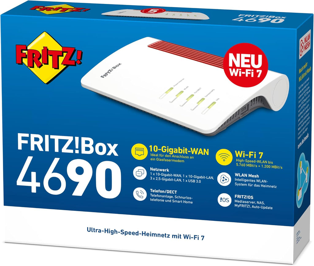 FRITZ!Box 4690 Wi-Fi 7 Mesh Router, for Cable, DSL or Fiber Optic Connection, up to 6,960 Mbit/s, 1x 10 Gigabit WAN and LAN, 3x 2.5 Gigabit LAN, DECT Base, WLAN Mesh, German Version