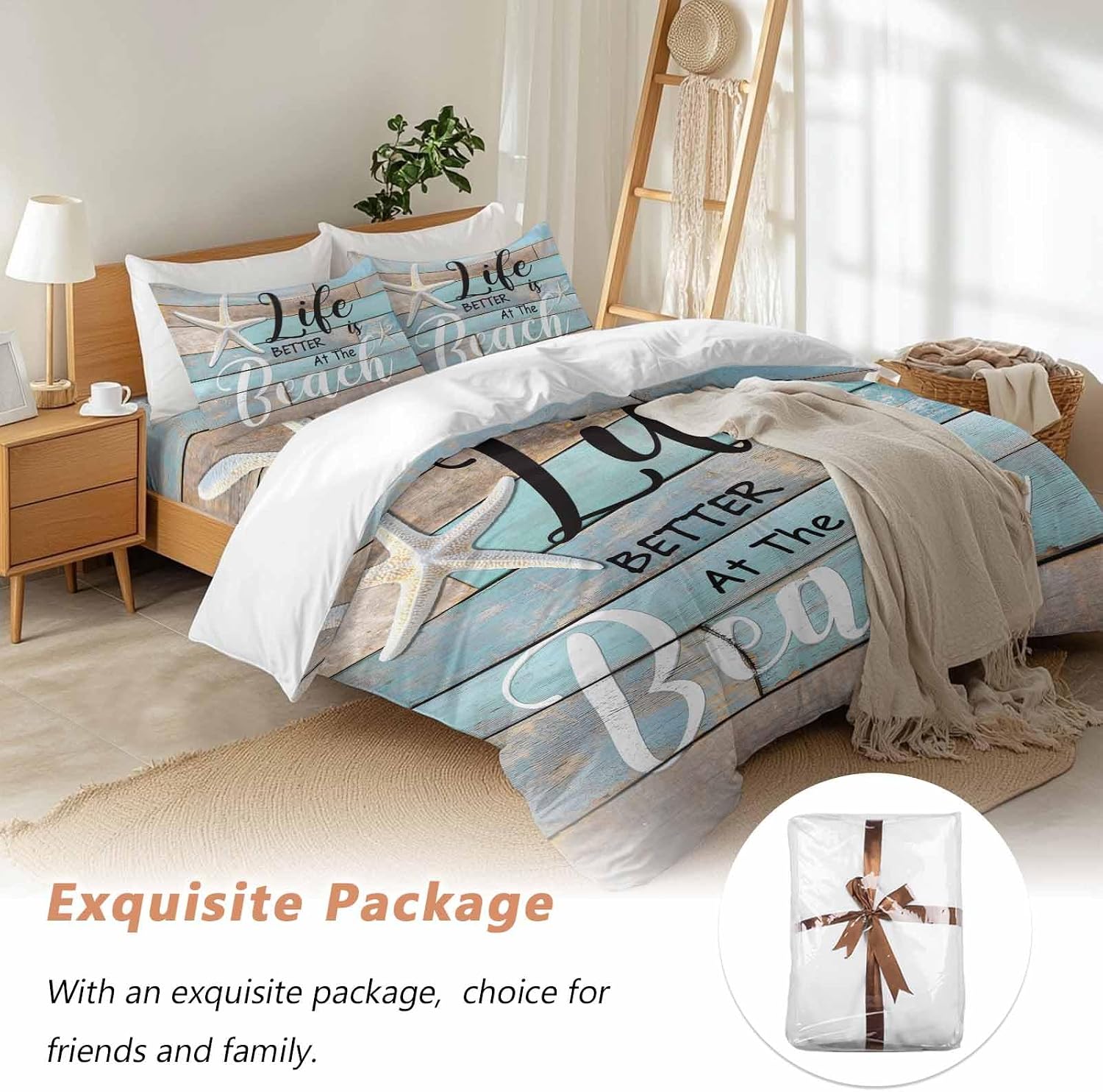 Life Is Duvet Cover Set Queen Size 4 Pieces Better at The Beach Summer Starfish Teal Wood Grain Bedding Set with Zipper Closure, 1 Comforter Cover 86x86 Inches 1 Flat Sheet & 2 Pillow Cases