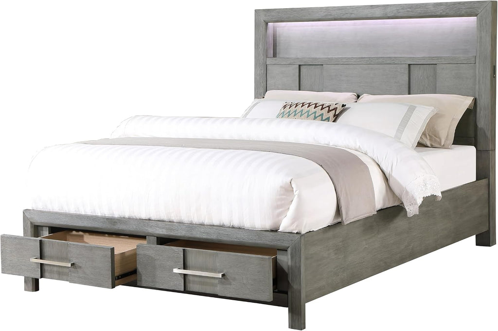 Modern Style Full 4PC Storage Bedroom Set Made with Wood, LED Headboard, Bluetooth Speakers & USB Ports - Grey