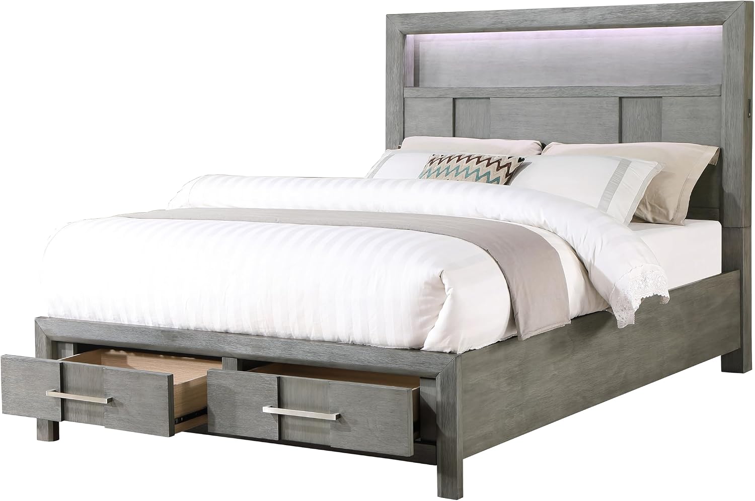 Modern Style Full 4PC Storage Bedroom Set Made with Wood, LED Headboard, Bluetooth Speakers & USB Ports - Grey