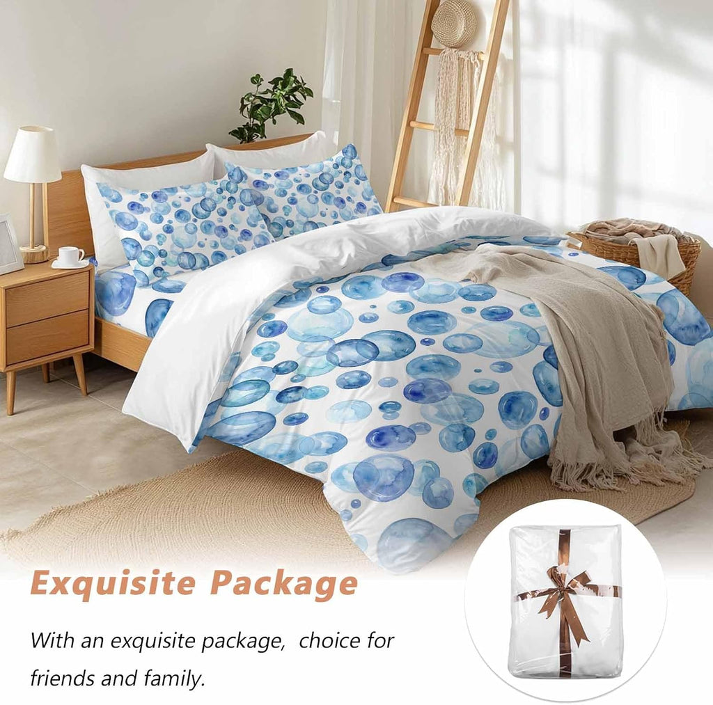 Prime Leader Blue Bubbles Duvet Cover Set Queen Size 4 Pieces Watercolor Gradient Bubble Summer Ocean Bedding Set with Zipper Closure, 1 Comforter Cover 90x92 Inches 1 Flat Sheet & 2 Pillow Cases