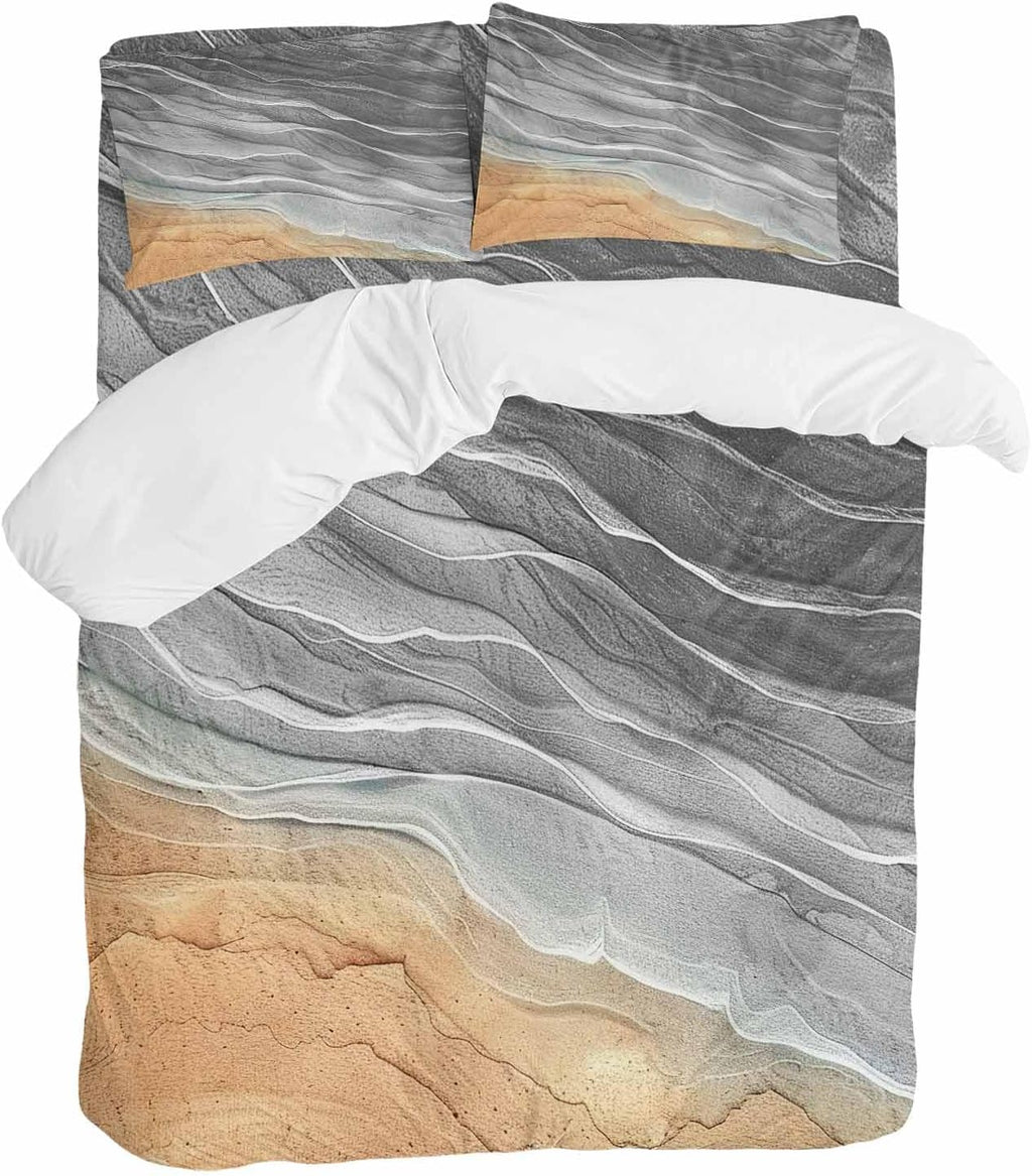 Prime Leader Abstract Grey Duvet Cover Set Queen Size 4 Pieces Ocean Beach Waves Lines Gradient Bedding Set with Zipper Closure, 1 Comforter Cover 86x86 Inches 1 Flat Sheet & 2 Pillow Cases